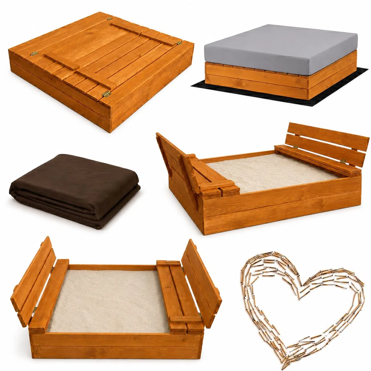 SunWood Sandkasten 100x100 cm Imprägniert Premium Sandbox mit Abdeckung Sitzbänken Deckel Plane Sandkiste Holz Kiefer Sandkastenvlies Amber-Imprägniert