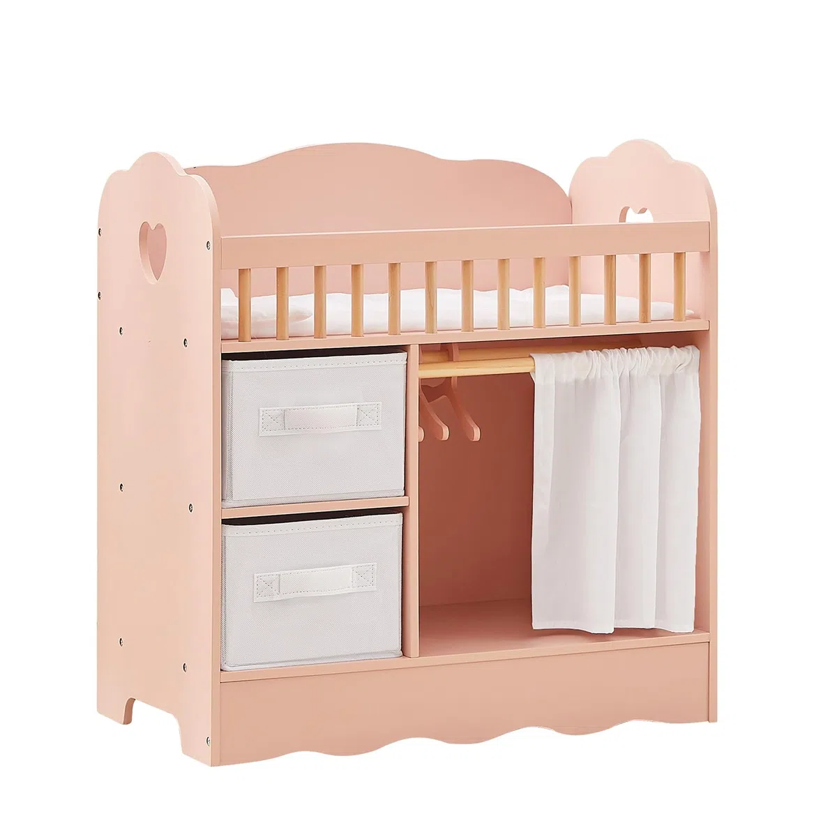 OOOK Puppenbett Holz, Baby Puppen Bett mit Kleiderschrank, Puppenbett und Puppenkleiderschrank mit 2 Aufbewahrungsboxen, Puppenzubehör ab 3 Jahre für Puppen unter 55 cm