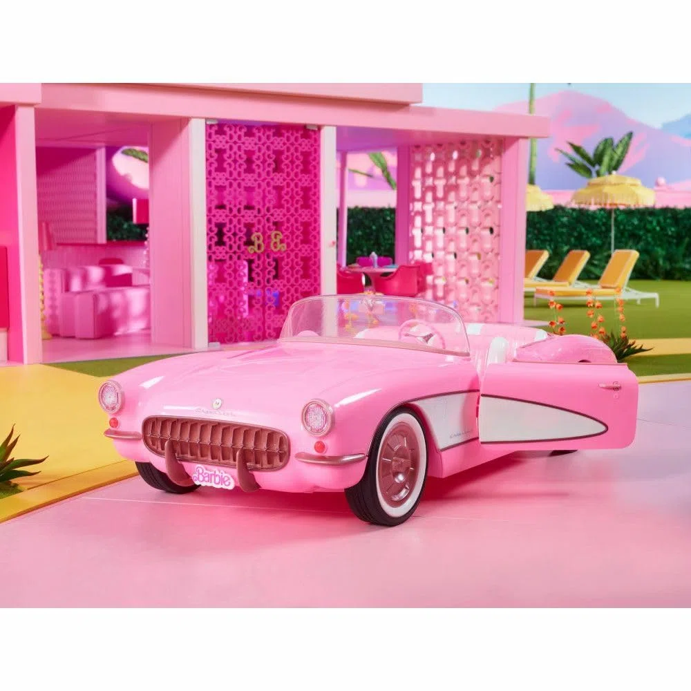 Barbie Corvette - Kaugummipinkes Cabrio, Platz für 4 Puppen, öffnende Türen, drehbares Lenkrad, Retro-Lackierung, Luxus-Interieur, für Sammler, HPK02