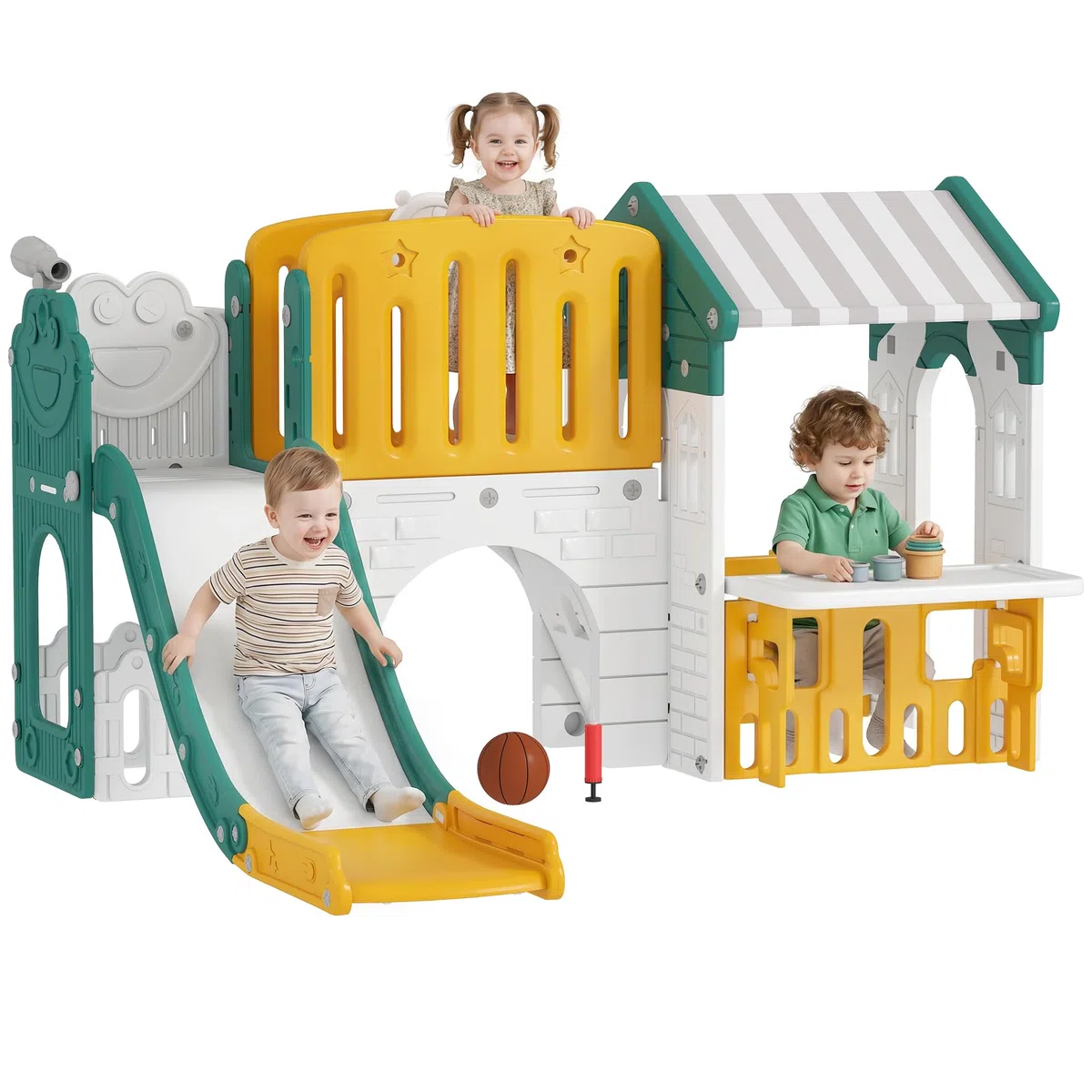 AIYAPLAY 7 in 1 Kinderrutsche mit Klettergerüst 1-4 Jahre Gelb+Grün | Kleinkindrutsche mit Basketballkorb, Tunnel, Teleskop, Stauraum, Spielhaus, Indoor und Outdoor Spielplatz, für Kleinkinder