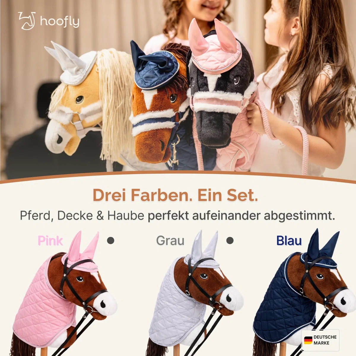 Hobby Horse Set – Großes Steckenpferd für Kinder mit Decke & Fliegenhaube | Komplettes Hobby Horsing Set mit Trense & 35 cm Schraubstab | Braunes Pferd – Blaues Zubehör
