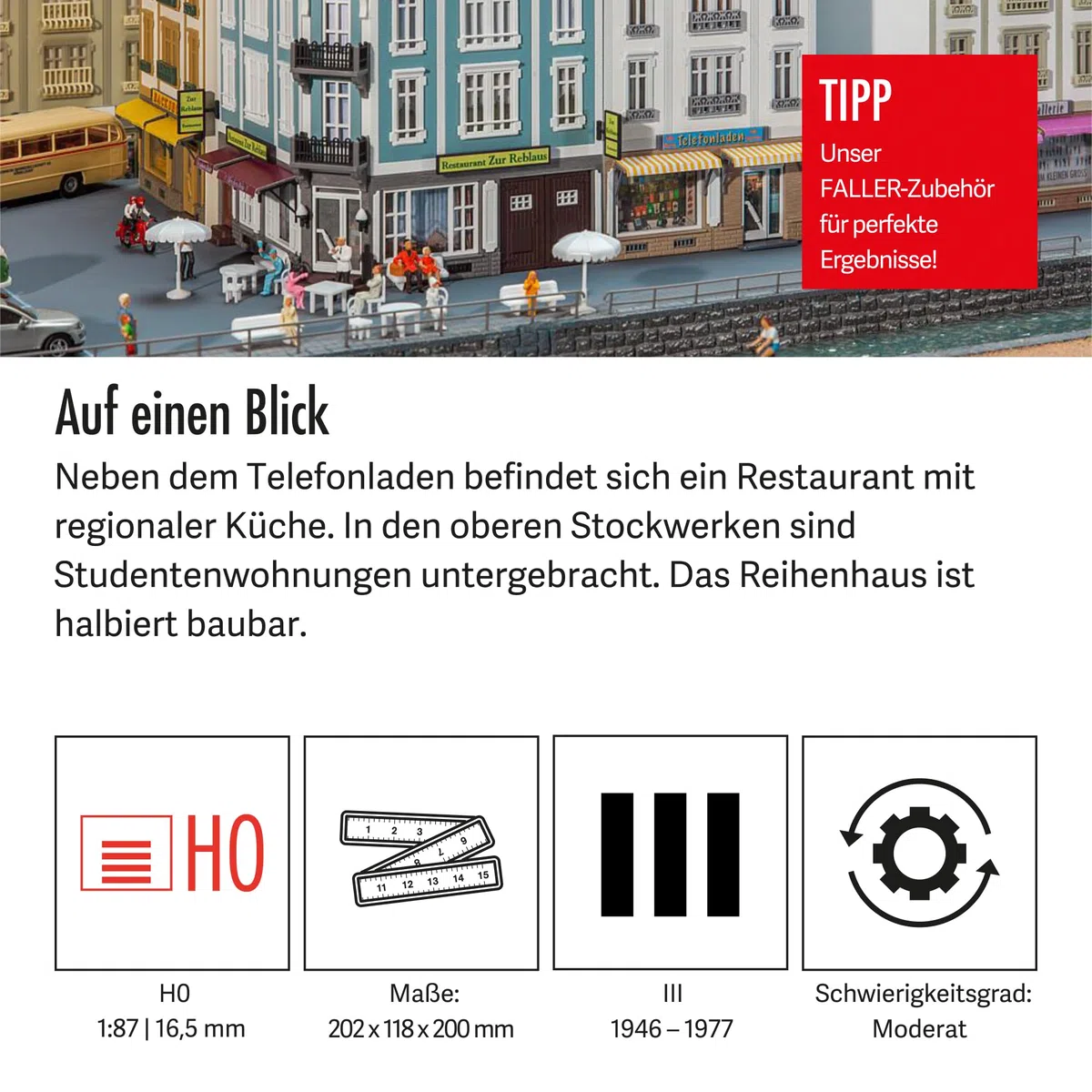 Faller 2 Stadthäuser Beethovenstraße Modellbausatz mit 582 Einzelteilen 202x118x200 mm I Modelleisenbahn Zubehör H0 I Modelleisenbahn H0 Stadthäuser