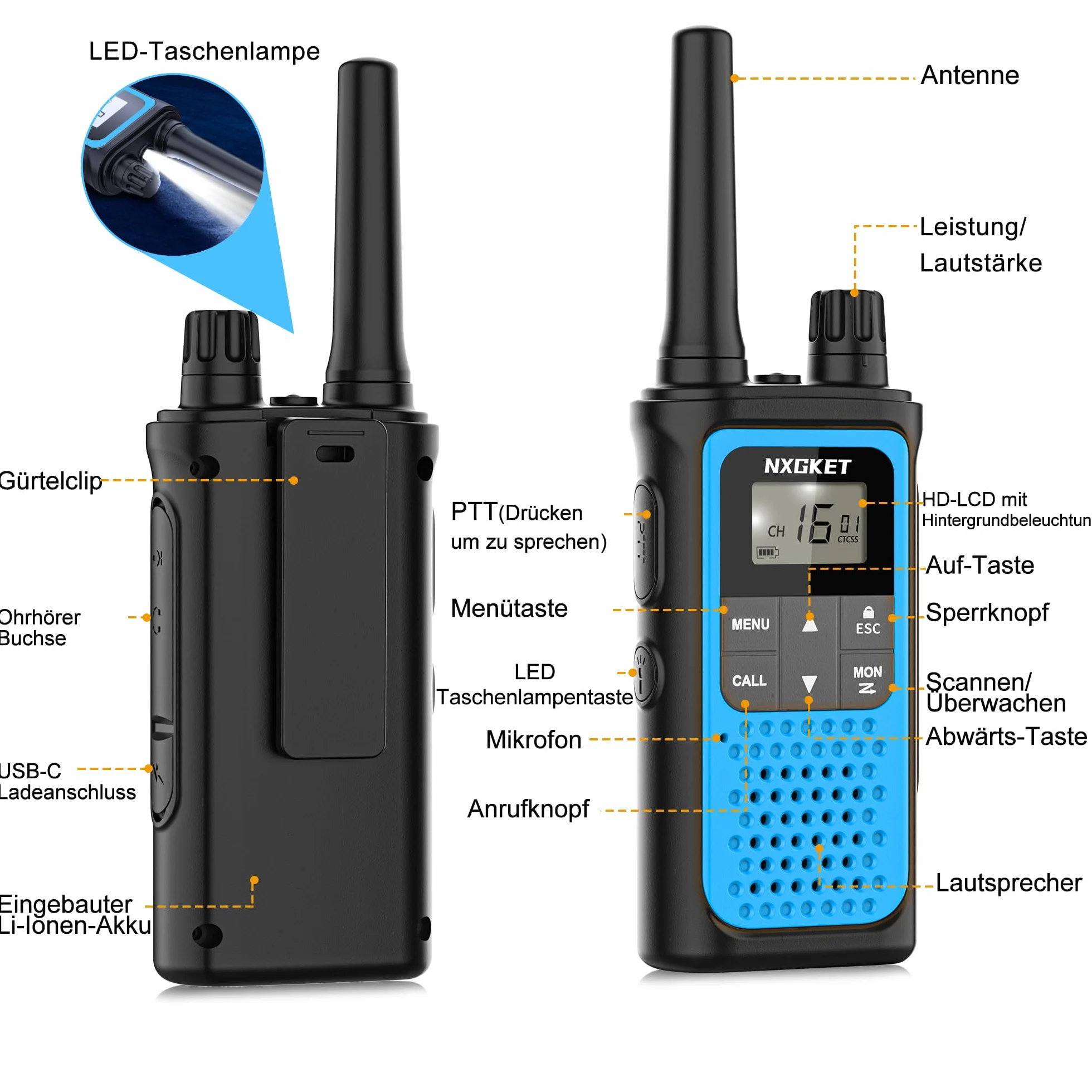 Walkie Talkie PMR446 Lizenzfrei Funkgeräte für Erwachsene Kinder,NXGKET ZX-808 Walki Talki Aufladbar mit 1800mAh Akku, 5km Reichweite 16 KanäLe mit Drehknopf für Abenteuer im Freien, Camping, Wandern