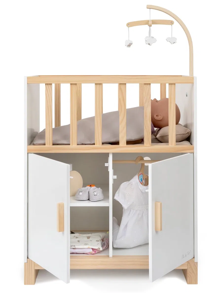 ELLA & PIET® Puppenbett Cozy mit Schrank und Mobile aus Holz (Weiß-Schlamm)