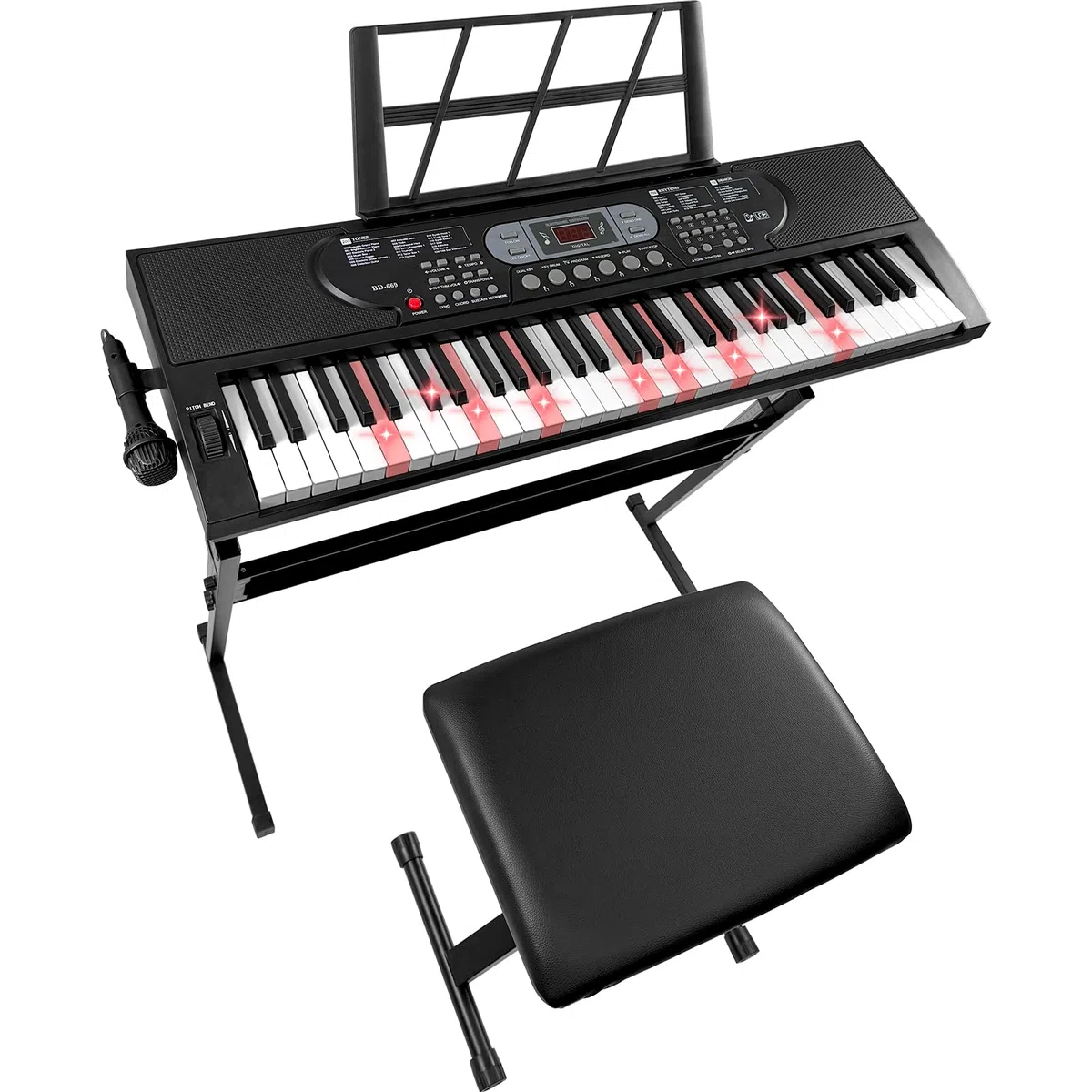 Keyboard Piano 61 Tasten mit Leuchttasten, E Piano für Anfänger, Digitalpiano mit Klavierhocker, Keyboardständer, Notenständer, Mikrofon, mit USB, MIC, AUX & Kopfhörer Anschluss, 3 Lernmodi
