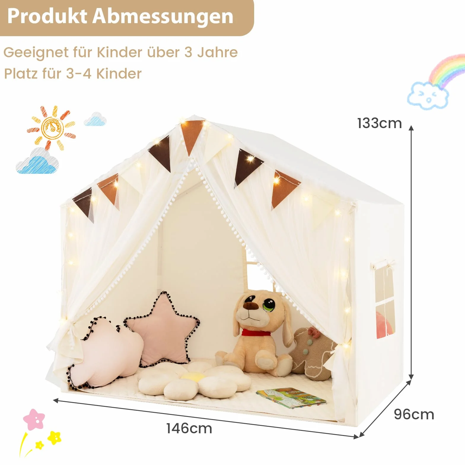 COSTWAY Spielhaus Kinder Indoor, Kinderzelt mit Matte und Lichtern, Spielzelt Kinder, Prinzessin Kinderspielhaus, Kinderzimmer Dekor Zelt für Jungen und Mädchen ab 3 Jahren (Beige)