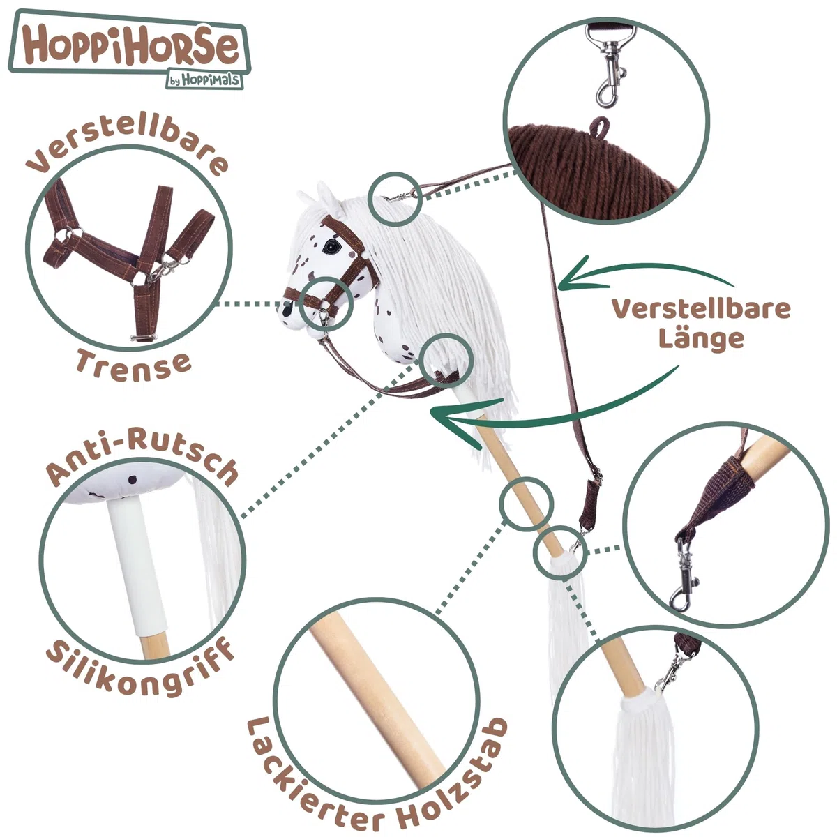 HOPPIHORSE Steckenpferd mit Trense - A3 - Hobby Horse mit Zügeln, Schultergurt, Schweif - hochwertiges Plüsch mit Langer Mähne - Silikongriff für besseren Halt - mit Geschenkverpackung