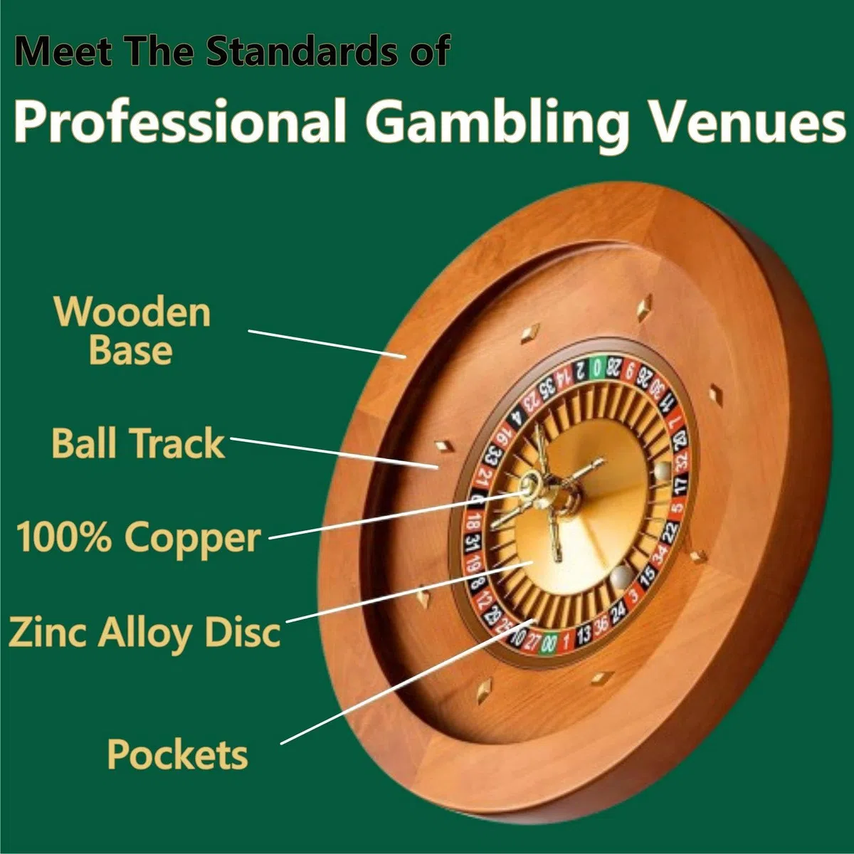 Roulette-Rad, tragbares Casino-Set, Roulette-Rad aus Holz, Drehteller, Präzisionslager in Casino-Qualität, Turm aus verchromtem Messing, sehr sanfte Drehbewegung,Single0-18in