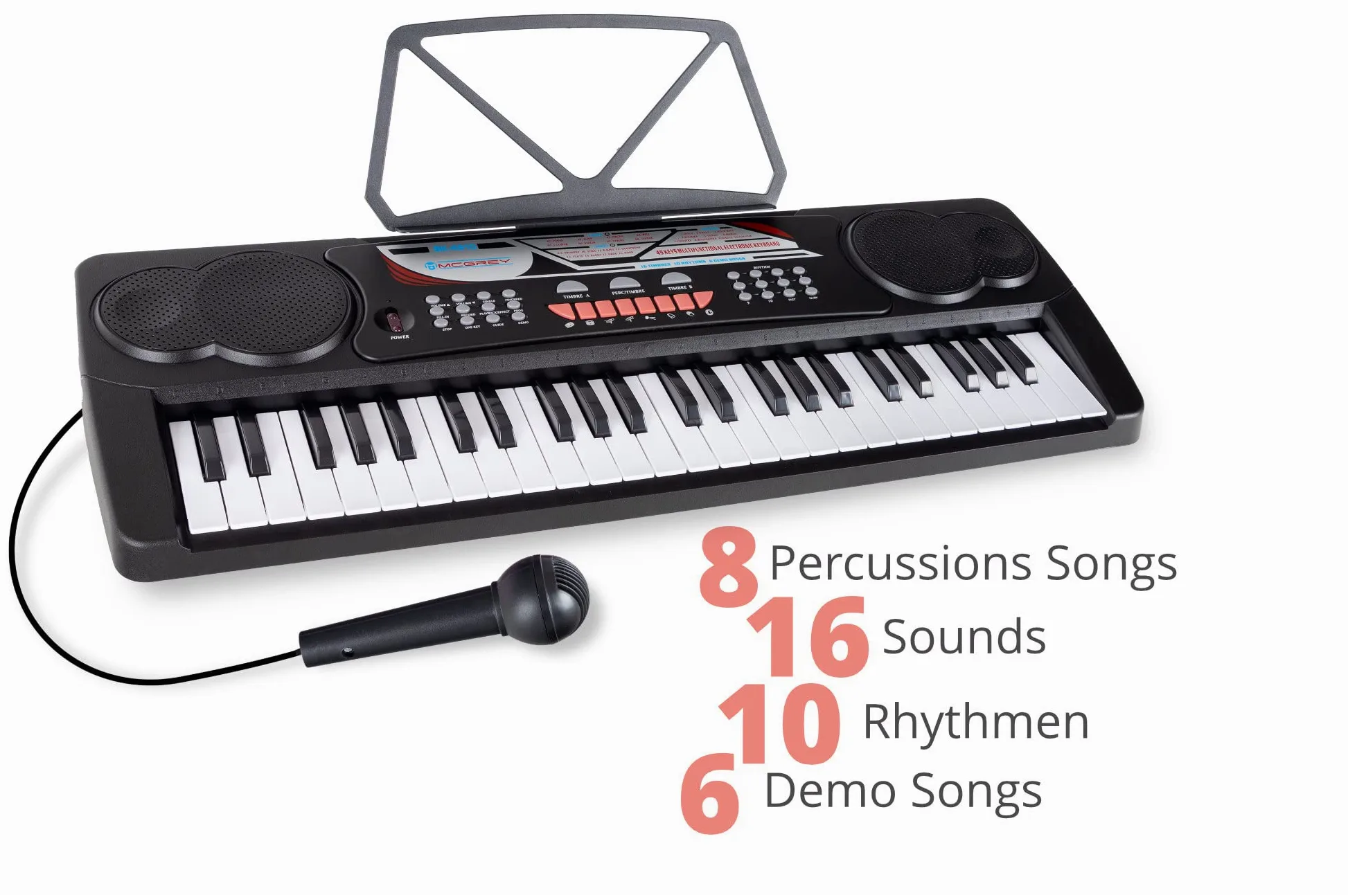 McGrey BK-4910BK Keyboard Set - Kinder Keyboard mit 49 Tasten - Einsteigerkeyboard mit 16 Sounds und 10 Rhythmen - Piano mit Mikrofon für Gesang und Notenständer - Inkl. Kopfhörer - Schwarz
