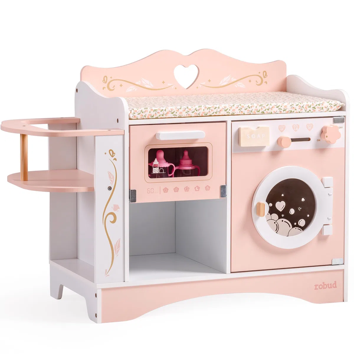 ROBUD Holzpuppen-Wickelstation, 4-in-1 Kleinkind-Puppen-Wickeltisch mit Waschmaschine & Flaschensterilisator, Aufbewahrung & Puppensitz, Puppenzubehör für Puppen unter 20", Geschenk für Kinder Rosa