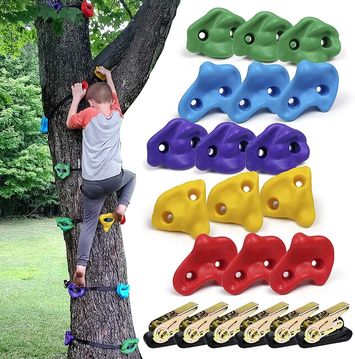 Baumklettergriffe Kinderklettersteine Baum Klettergriffe Set mit 6 Ratschengurte Ideal zum Klettern auf Rahmen Kletterhilfen für Kinder(15pcs)