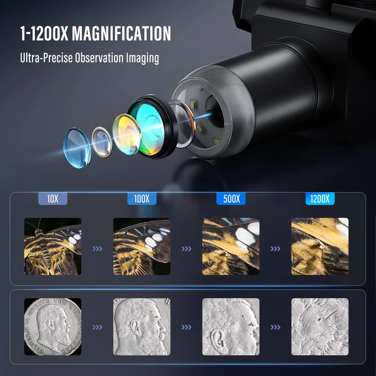 7 Zoll Digital Mikroskop, 1200X Vergrößerung 12MP 1080P Aufnahme mit 8 Verstellbaren LED Leuchten, IPS Bildschirm, PC Verbindung für Lötarbeiten, Wissenschaft, Kompatibel mit Windows