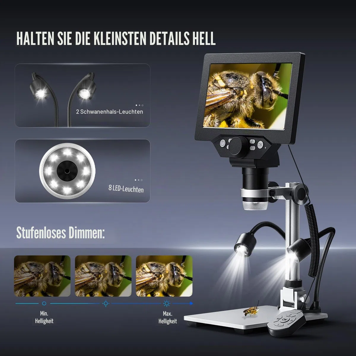7 Zoll Digital Mikroskop, 1200X Vergrößerung 12MP 1080P Aufnahme mit 8 Verstellbaren LED Leuchten, IPS Bildschirm, PC Verbindung für Lötarbeiten, Wissenschaft, Kompatibel mit Windows
