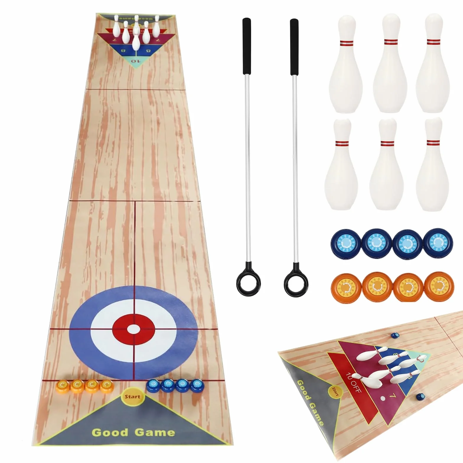 3 in 1 Shuffleboard Bowling Tischspiele 360x57cm, Tragbares Shuffleboard Tischkegelspiel Curling Spiel mit 6 Bowling und 2 Puttern für Kinder Familie Party