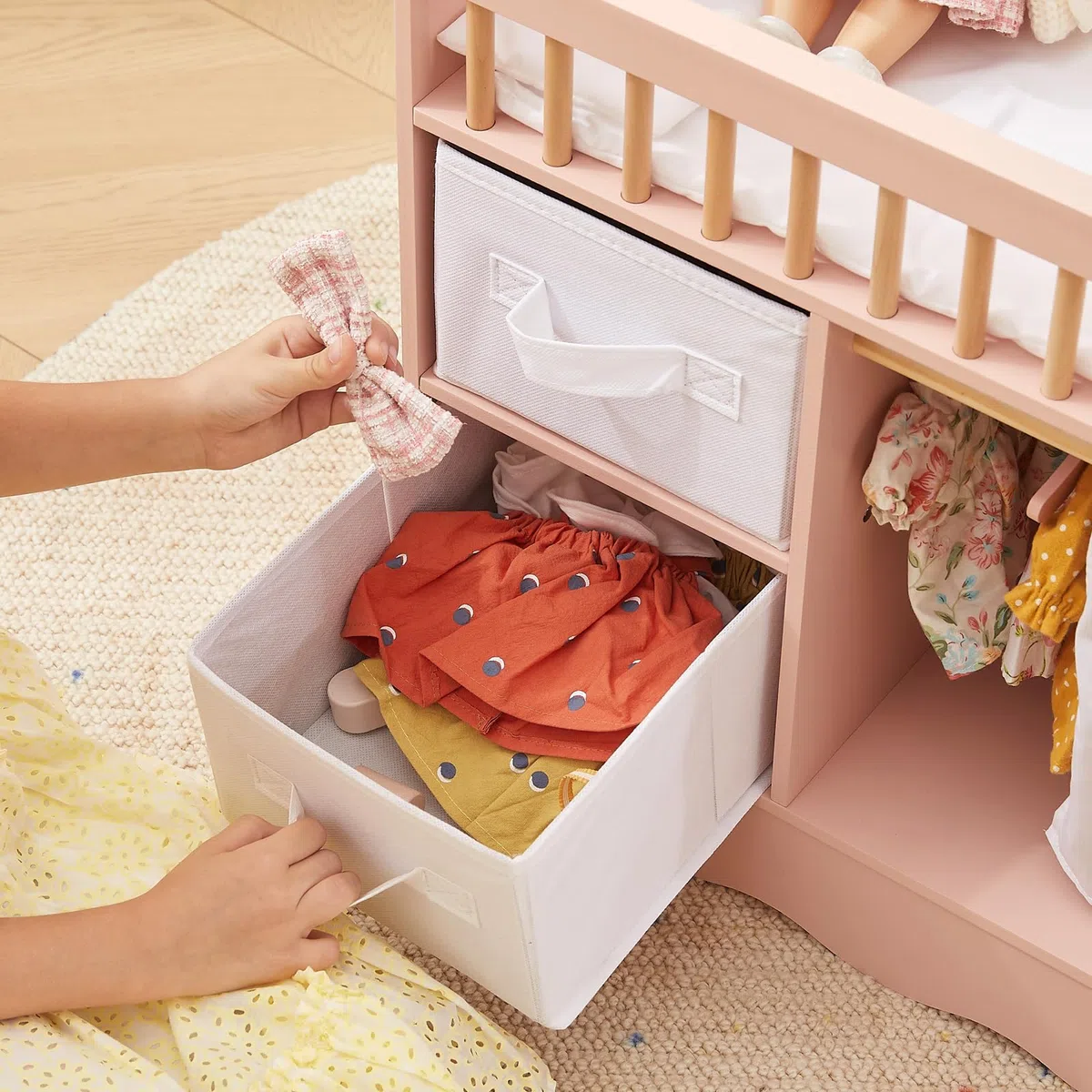 OOOK Puppenbett Holz, Baby Puppen Bett mit Kleiderschrank, Puppenbett und Puppenkleiderschrank mit 2 Aufbewahrungsboxen, Puppenzubehör ab 3 Jahre für Puppen unter 55 cm