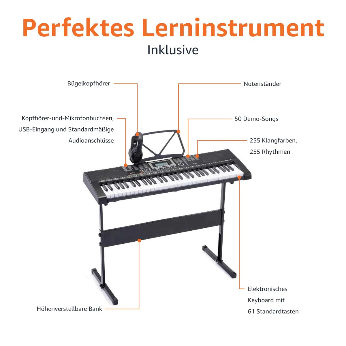 Amazon Basics 61-Tasten tragbares Digitalpiano für Anfänger, Eingebaute Lautsprecher, 255 Klänge und Rhythmen, 50 Demo-Songs, Notenständer und Kopfhörer enthalten, Schwarz, 93 x 30.4 x 9.32 cm