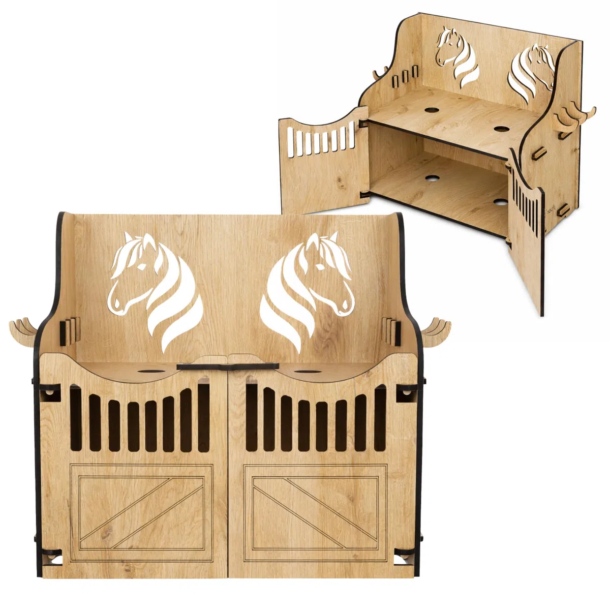 Hobby Horse Stall Wandhalterung – Halterung für 2 Steckenpferde | Hobby Horsing Pferdestall mit Türen, Haken & Stecksystem | Wandmontage mit Schrauben & Dübel – Designed in Germany