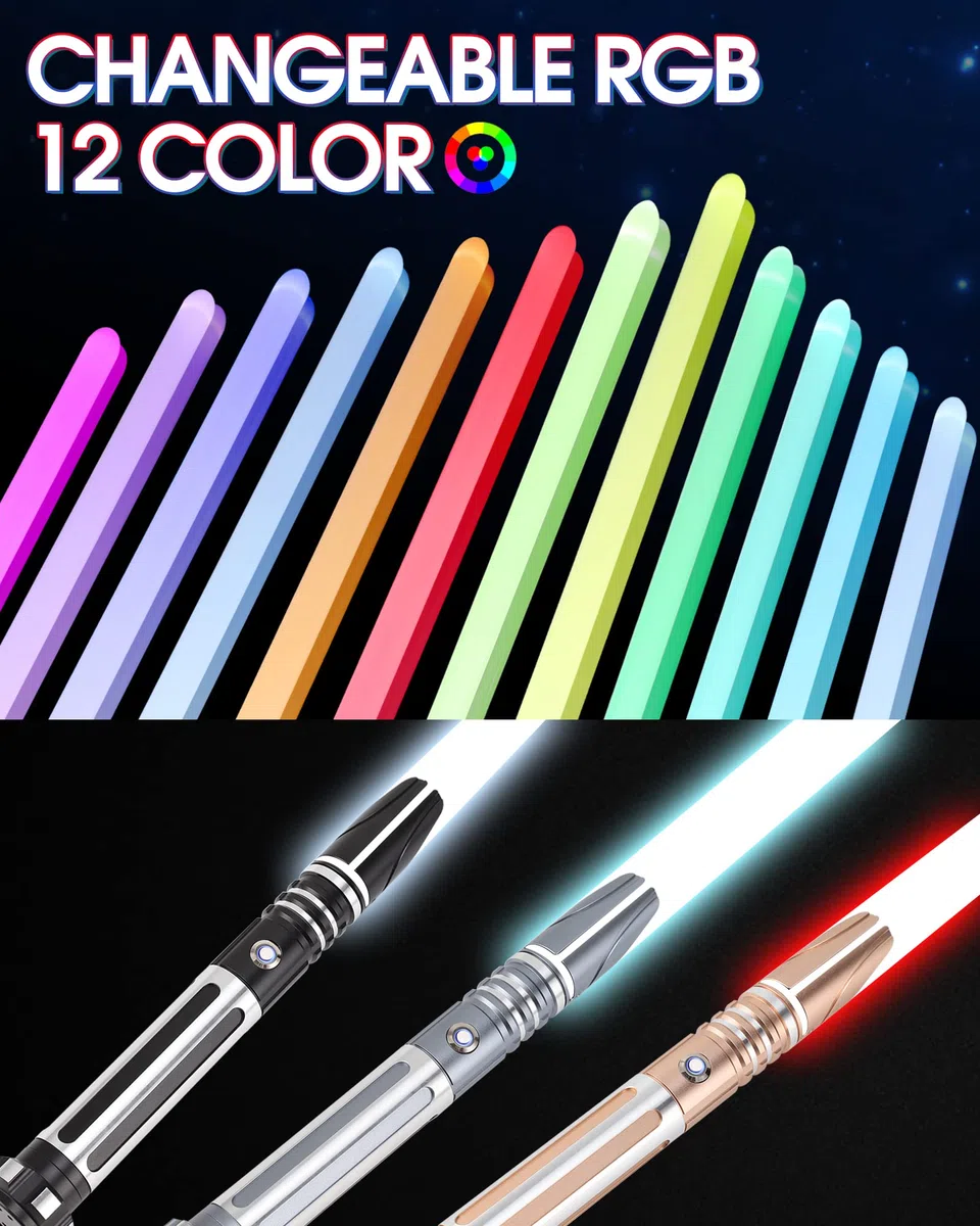 ANASABER Duellierendes Lichtschwert, Motion Control Laserschwert Für Erwachsene, Smooth Swing Lightsaber Mit 10 Tonfonts, RGB 12 Farben Wechselbar, Metallgriff, Für Halloween Cosplay Party, S9