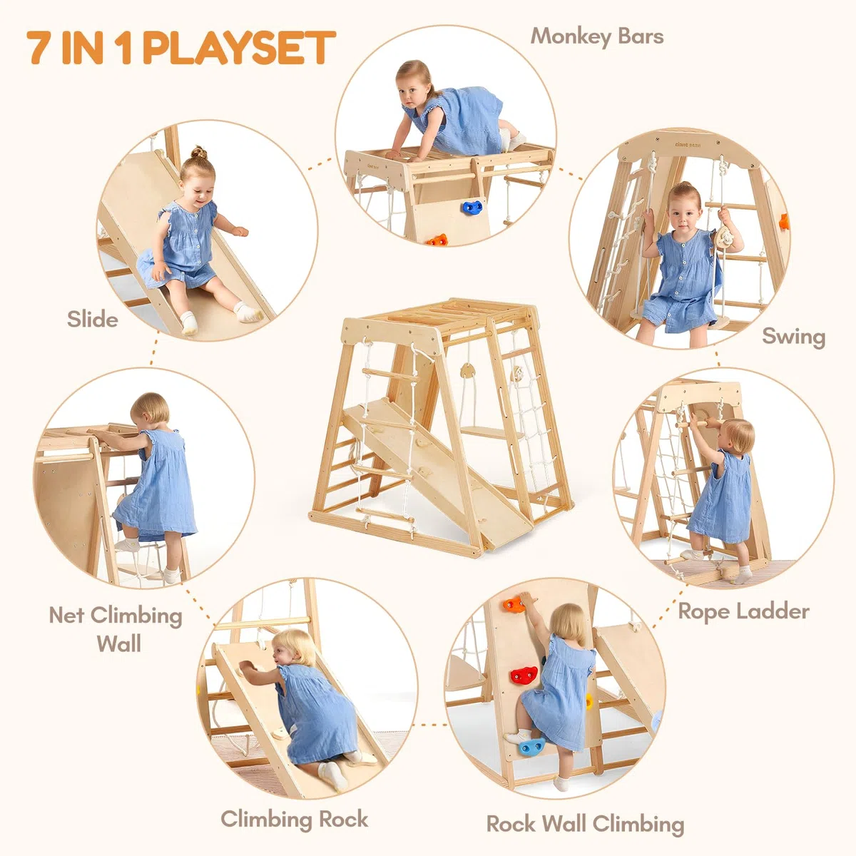 Indoor Klettergerüst ab 1-3 Jahre 7 in 1 Montessori Klettergerüst Großes Klettergerüst aus Holz Klettergerüst mit Rutsche, Holz Kletterturm mit Leiter und Rutschbahn für Kinder (1-3 Jungle Gym)