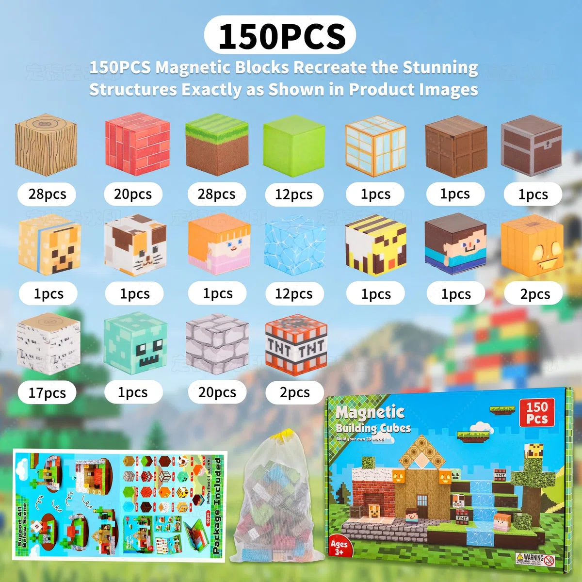 MEESHEEP 150PCS Magnetische Bausteine, STEM Montessori-Spielzeuge Kinder (3-10J) | Fördert Kreativität, Vorstellungskraft & Selbstvertrauen | Aufbewahrbar