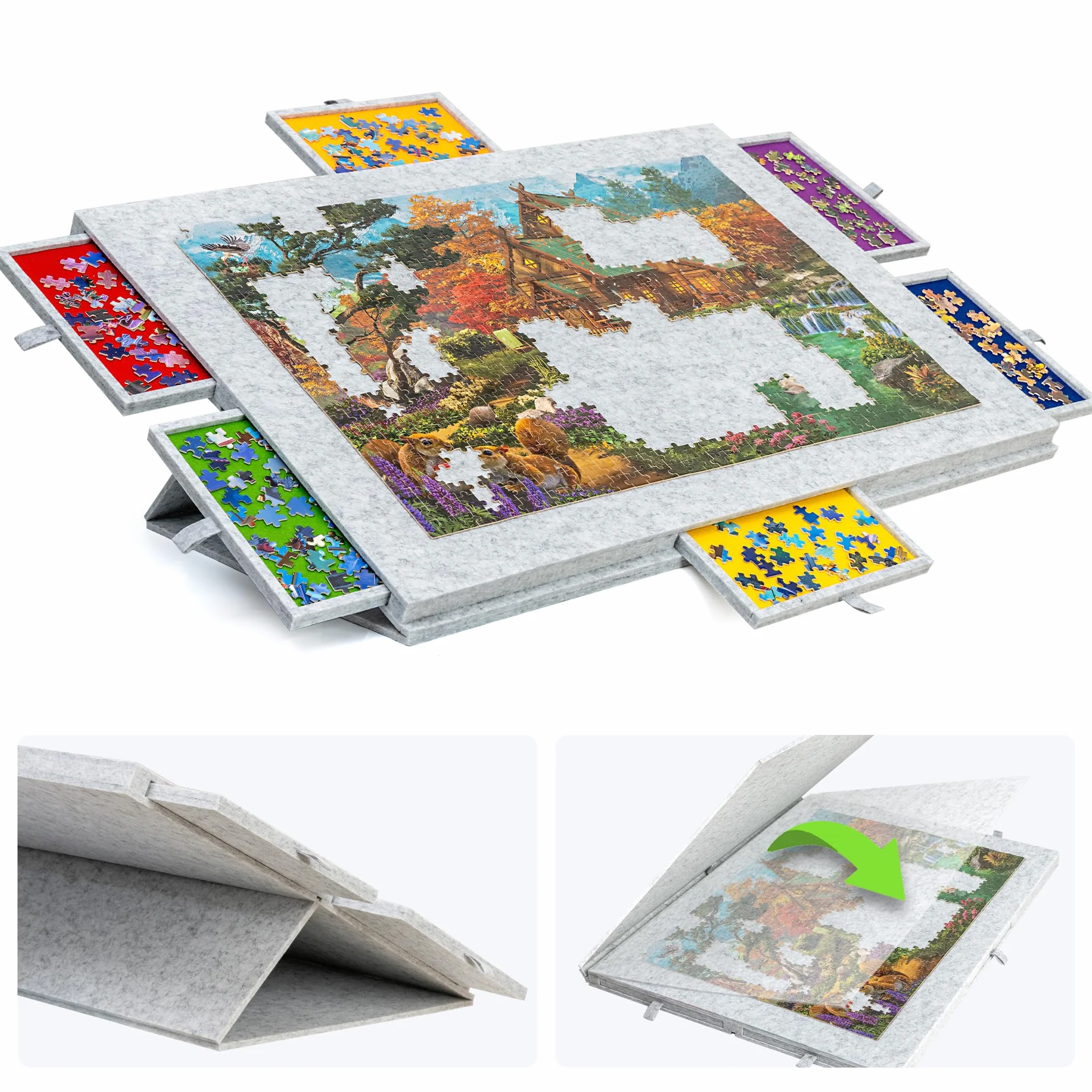 Lavievert 1500 Teile geneigtes Puzzlebrett mit 2-in-1 Design Ständer und Abdeckung und 6 Schubladen leichte Puzzle-Plattform, tragbarer Puzzletisch für Erwachsene mit Filz-Puzzle-Schutz - Hellgrau