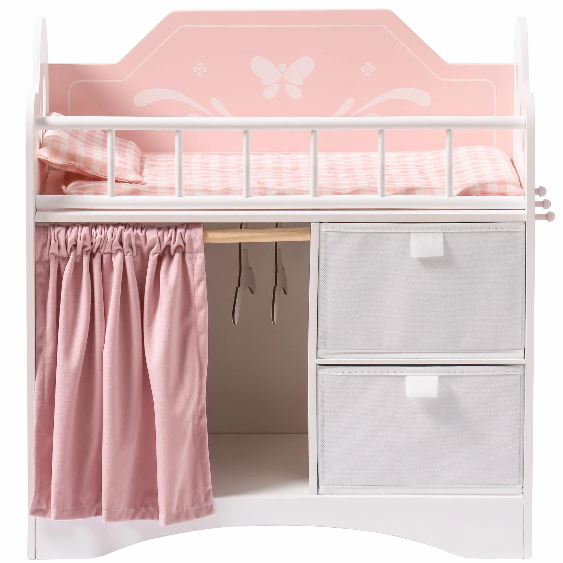 ROBUD Puppenbett Holz, Spielzeug Puppen Bett mit Kleiderschrank, Bettwäsche, Stauraum und Haken, Puppenbett für Puppen bis 55 cm, Puppenzubehör für Kinder ab 3 Jahren Mädchen (Rosa)