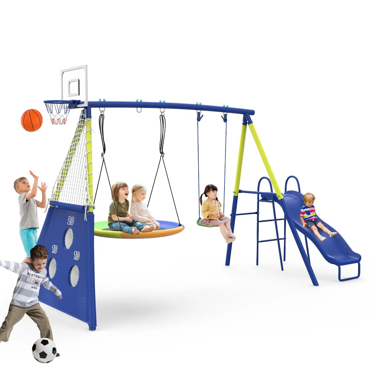 Redkid Schaukel-Sets für Garten, Schaukel Set mit Rutsche, Tragfähigkeit 440lbs, 5 in 1 Outdoor-Schaukel-Set mit Untertasse Schaukel, Schaukel Sitz, Fußballtore und Basketballkorb