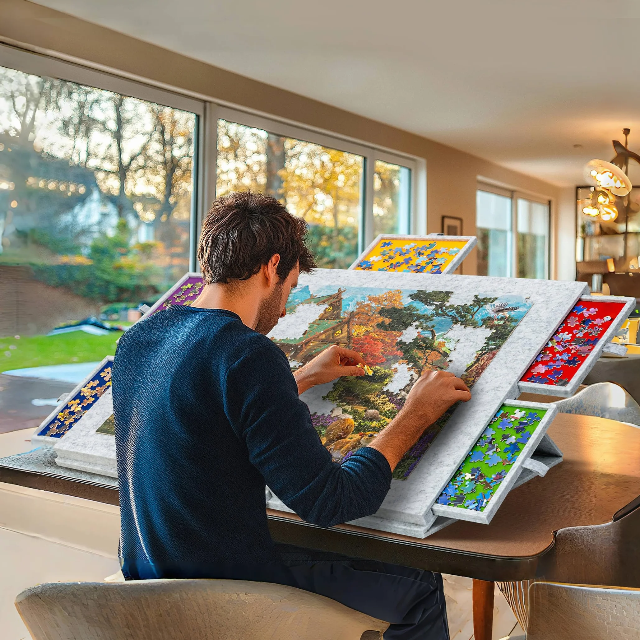 Lavievert 1500 Teile geneigtes Puzzlebrett mit 2-in-1 Design Ständer und Abdeckung und 6 Schubladen leichte Puzzle-Plattform, tragbarer Puzzletisch für Erwachsene mit Filz-Puzzle-Schutz - Hellgrau