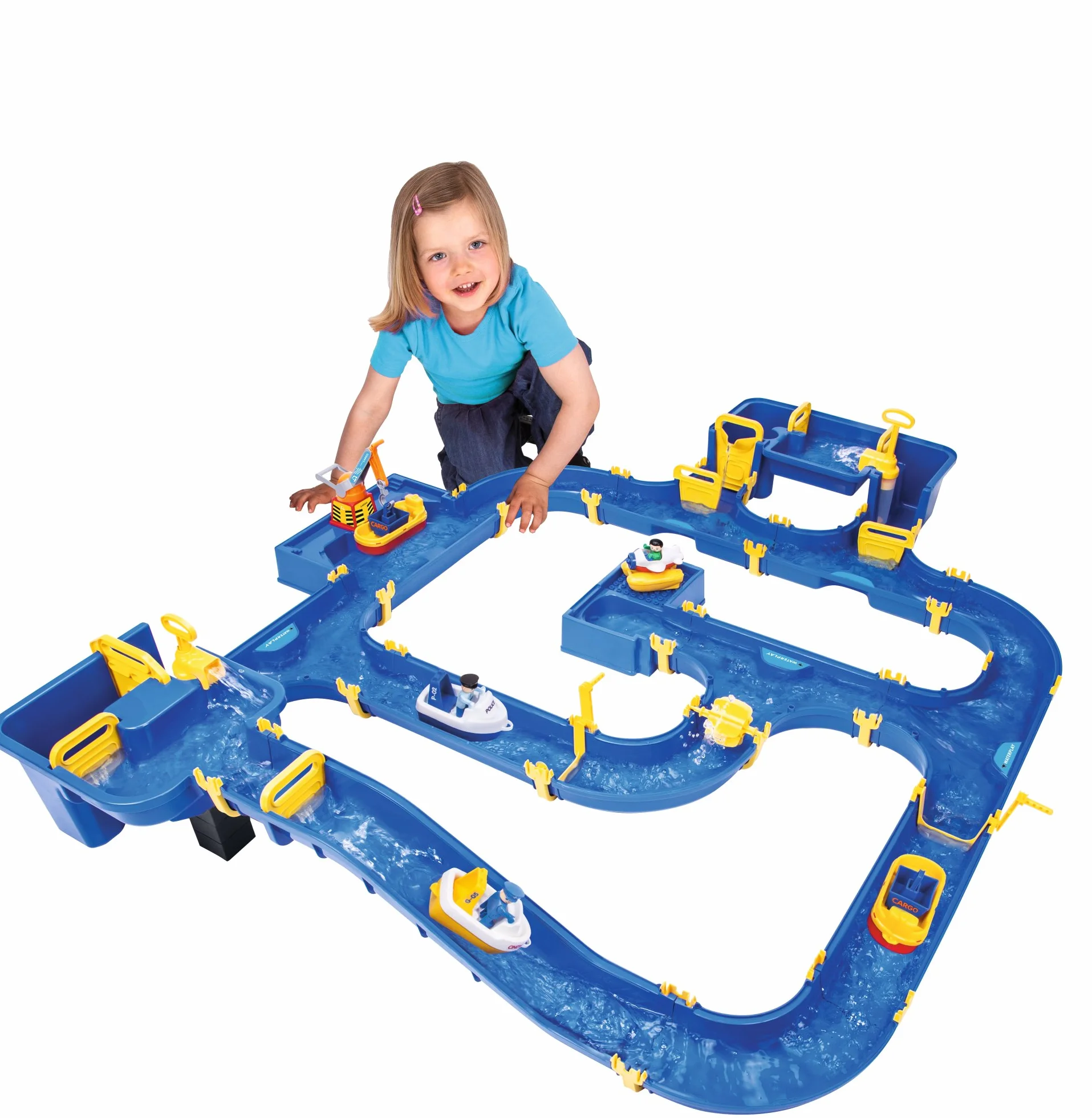 BIG - Waterplay Amsterdam - Wasserbahn blau, 175 x 143 x 27cm große Bahn, mit 4 Booten, Wasserflugzeug und 3 Spielfiguren, 2 Schleusen, Wasserpumpe und Hafenbecken, ab 3 Jahren