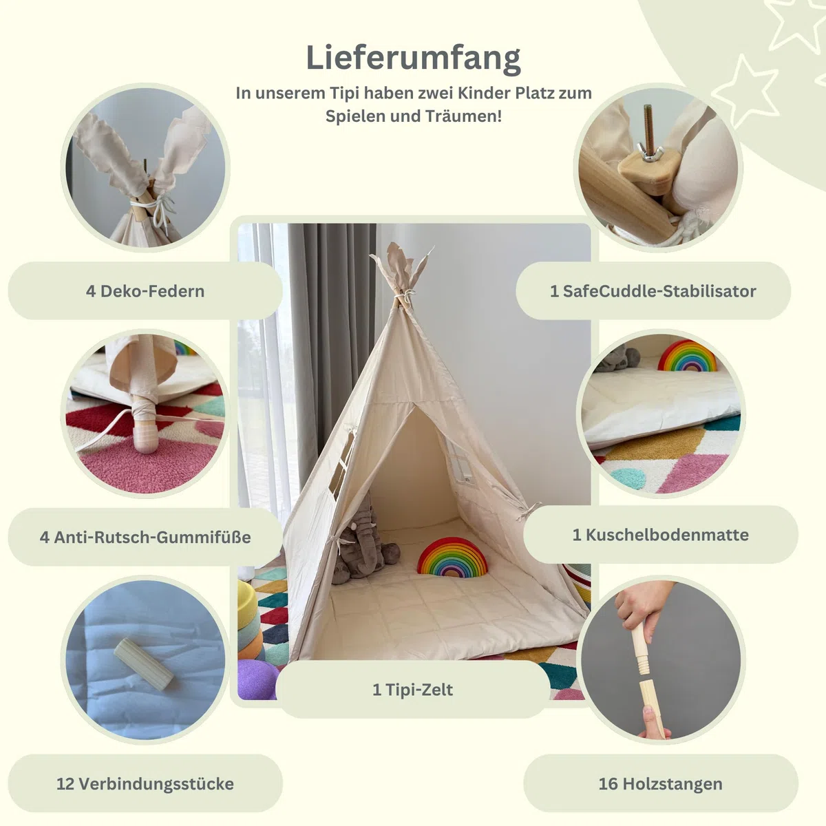 Tipi Zelt für Kinder (Sandburgen Beige) – Spielzelt aus Silky Cotton & Holz inkl. Kuschelmatte, Tragetasche & SafeCuddle Stabilisator | Tippi Kinderzelt Indoor für das Kinderzimmer