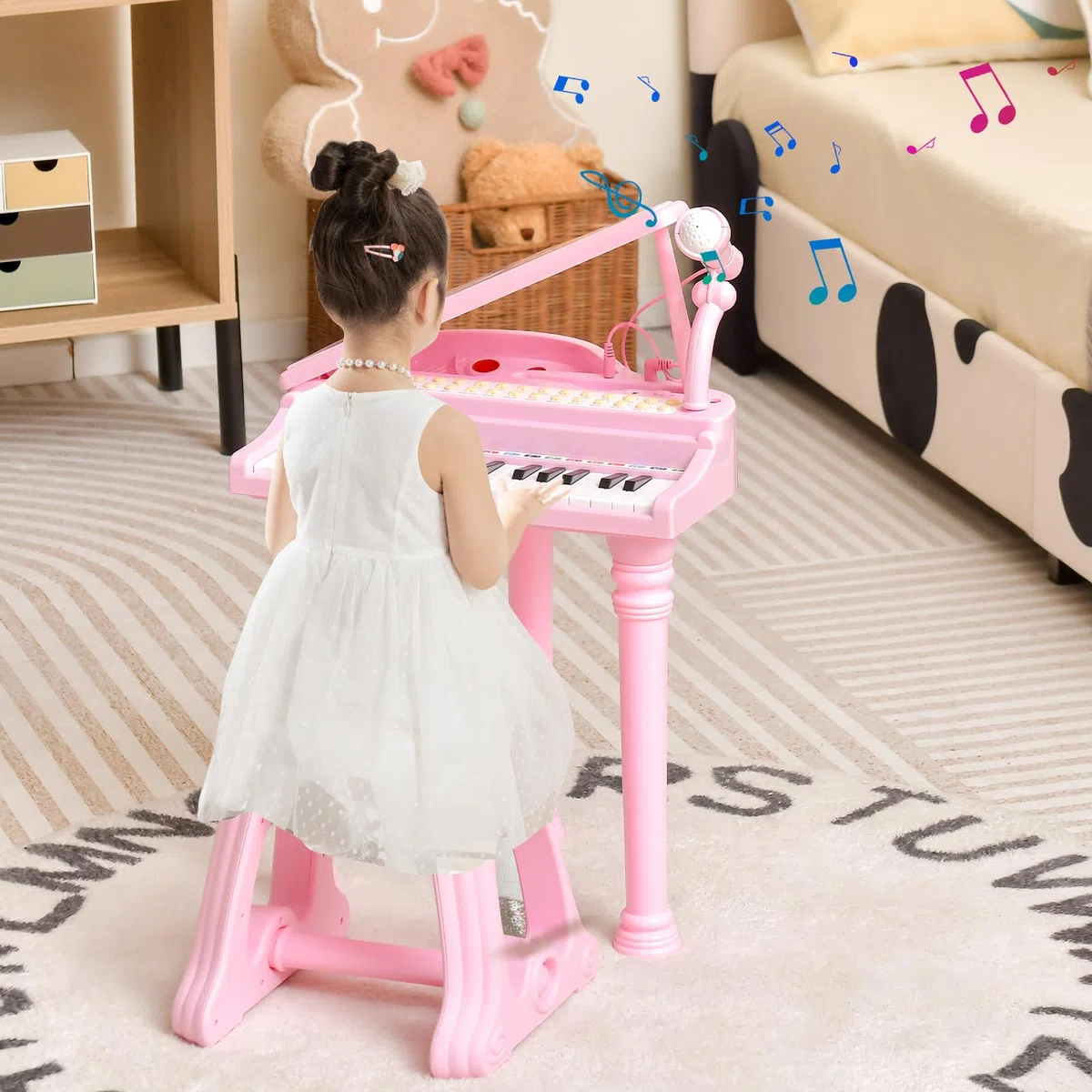 COSTWAY Kinder Keyboard mit 37 Tasten & Hocker, elektronische Klaviertastatur tragbar mit Mikrofon, LED-Lehrmodus, Aufnahme- & Wiedergabefunktion, Musikinstrument für Kinder ab 3 Jahre (Rosa)