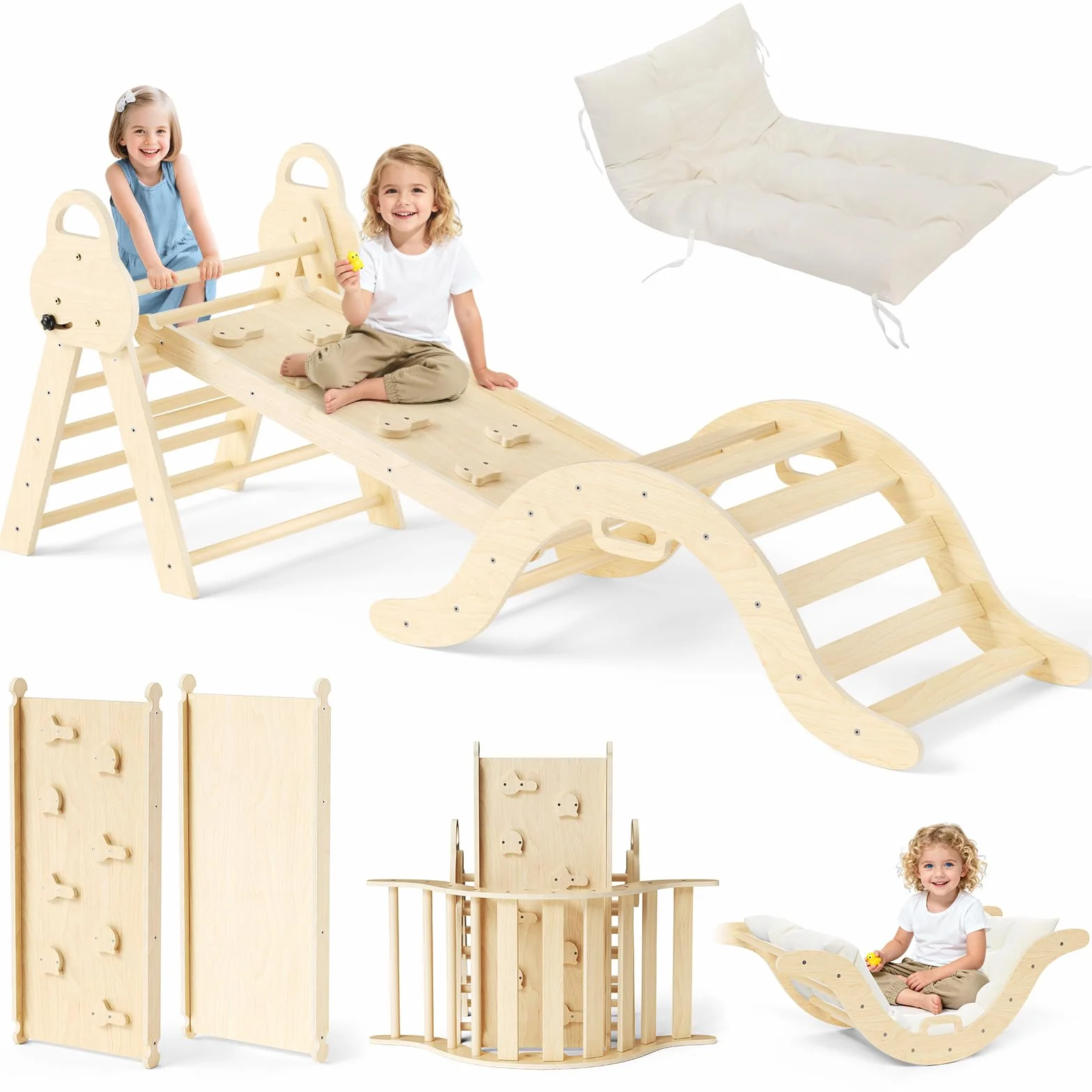 7-in-1 Montessori Kletterdreieck aus Holz – Indoor Klettergerüst mit Rutsche für Kinder ab 1 Jahr | Spielplatz Kletterset Baby Spielzeug