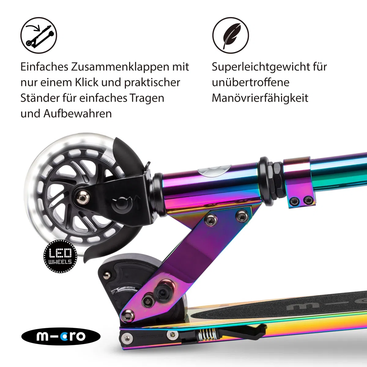 micro™ Sprite LED Kinderscooter | Das ORIGINAL | Kinder Cityroller mit LED-Rollen | klappbar und höhenverstellbar | ab 5 Jahre | Tretroller inkl. Sicherheitsweste