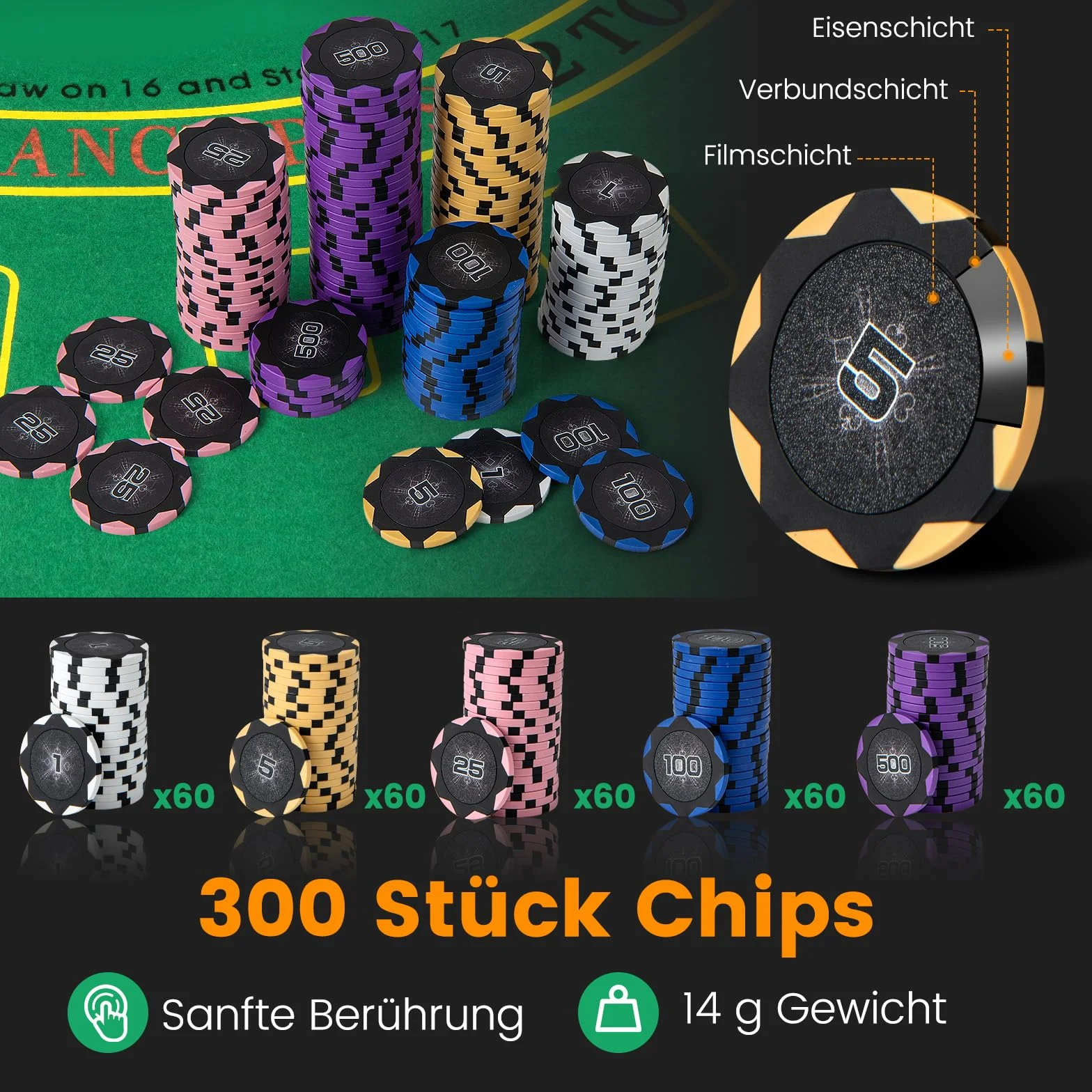 DREAMADE Pokerkoffer mit 300 Laser Poker Chips/ 2 Pokerkarten Set/Kartenmischer/Kartengeber/Spielmatte/ 5 Würfel/ 3 Dealer-Buttons, Poker Komplett Set Pokerset Profi Texas Hold'em (300 Chips)