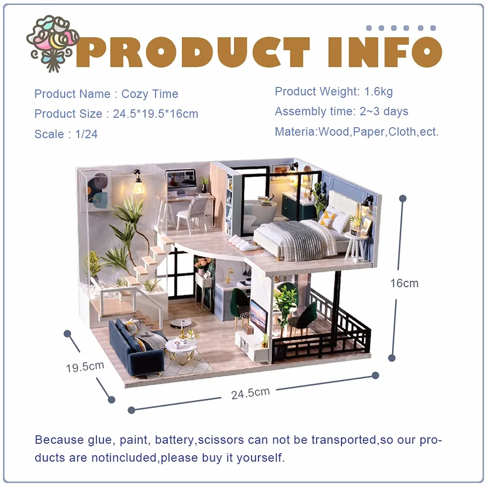 CUTEBEE Puppenhaus Miniatur mit Möbeln, Idee DIY hölzernes Puppenhaus-Kit, Maßstab 1:24 kreativer Raum(Cozy Time