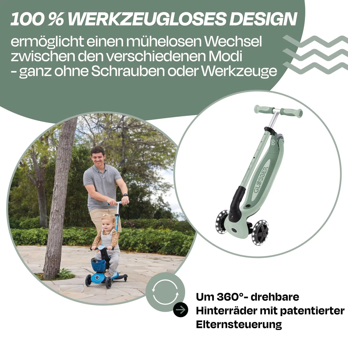 GLOBBER GO-UP Baby Lights 360° – Tretroller, Dreirad und Laufrad für Kinder – höhenverstellbares Kinderfahrzeug – 3rädrig bis 9 Jahre – Bunte LED-Leuchtrollen