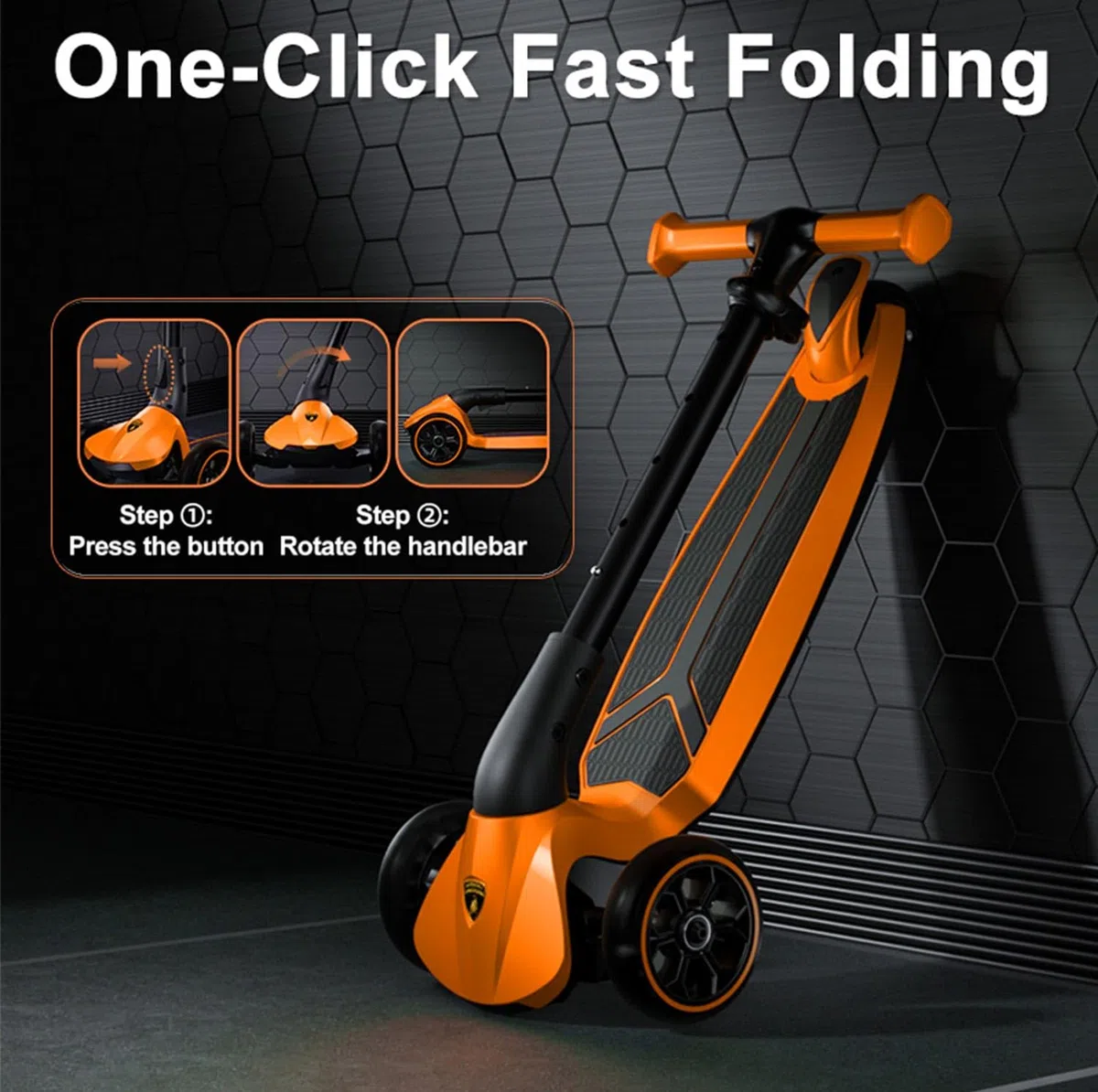 Lamborghini Roller Kinder 3-8 Jahre bis 50kg, Dreirad-Kinderroller mit LED-Rädern &Pedal, Höhenverstellung, Faltbarer Kinderroller ab 3 Jahre, Tretroller Kinderscooter ab Kleinkind Junge Mädchen