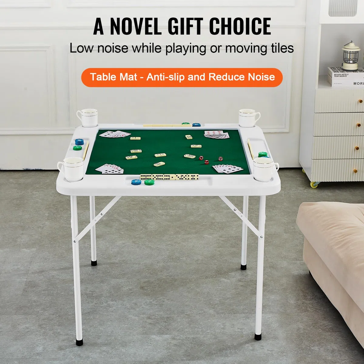 VEVOR Mahjong-Tisch, Klappbarer Dominotisch für 4 Spieler mit Verschleißfester Grüner Tischplatte, Tragbarer Quadratischer Kartentisch mit 4 Getränkehaltern & 4 Chip-Fächern für Mahjong-Poker-Puzzles