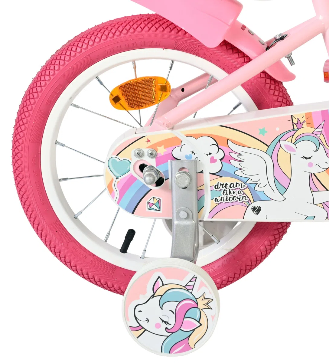 Volare Einhorn Kinderfahrrad Pink | 14 Zoll | 3,5–5 Jahre | Hand- & Rücktrittbremse | Stützräder | Verstellbarer Sattel | Puppensitz & Korb | Geschenk für Mädchen