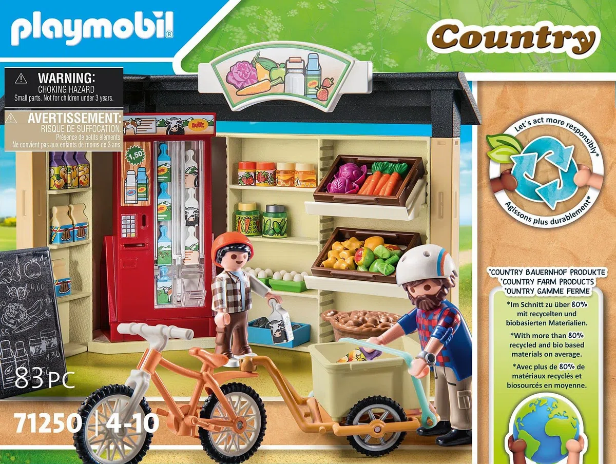 PLAYMOBIL Country 71250 24-Stunden-Hofladen, Fahrrad mit Anhänger, Lebensmittelladen für den Bio-Bauernhof, Nachhaltiges Spielzeug für Kinder ab 4 Jahren