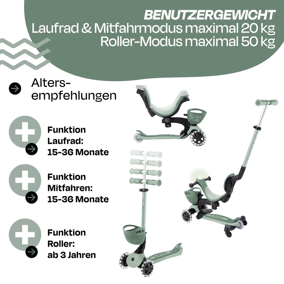 GLOBBER GO-UP Baby Lights 360° – Tretroller, Dreirad und Laufrad für Kinder – höhenverstellbares Kinderfahrzeug – 3rädrig bis 9 Jahre – Bunte LED-Leuchtrollen