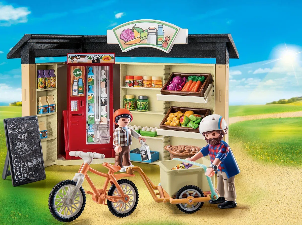 PLAYMOBIL Country 71250 24-Stunden-Hofladen, Fahrrad mit Anhänger, Lebensmittelladen für den Bio-Bauernhof, Nachhaltiges Spielzeug für Kinder ab 4 Jahren