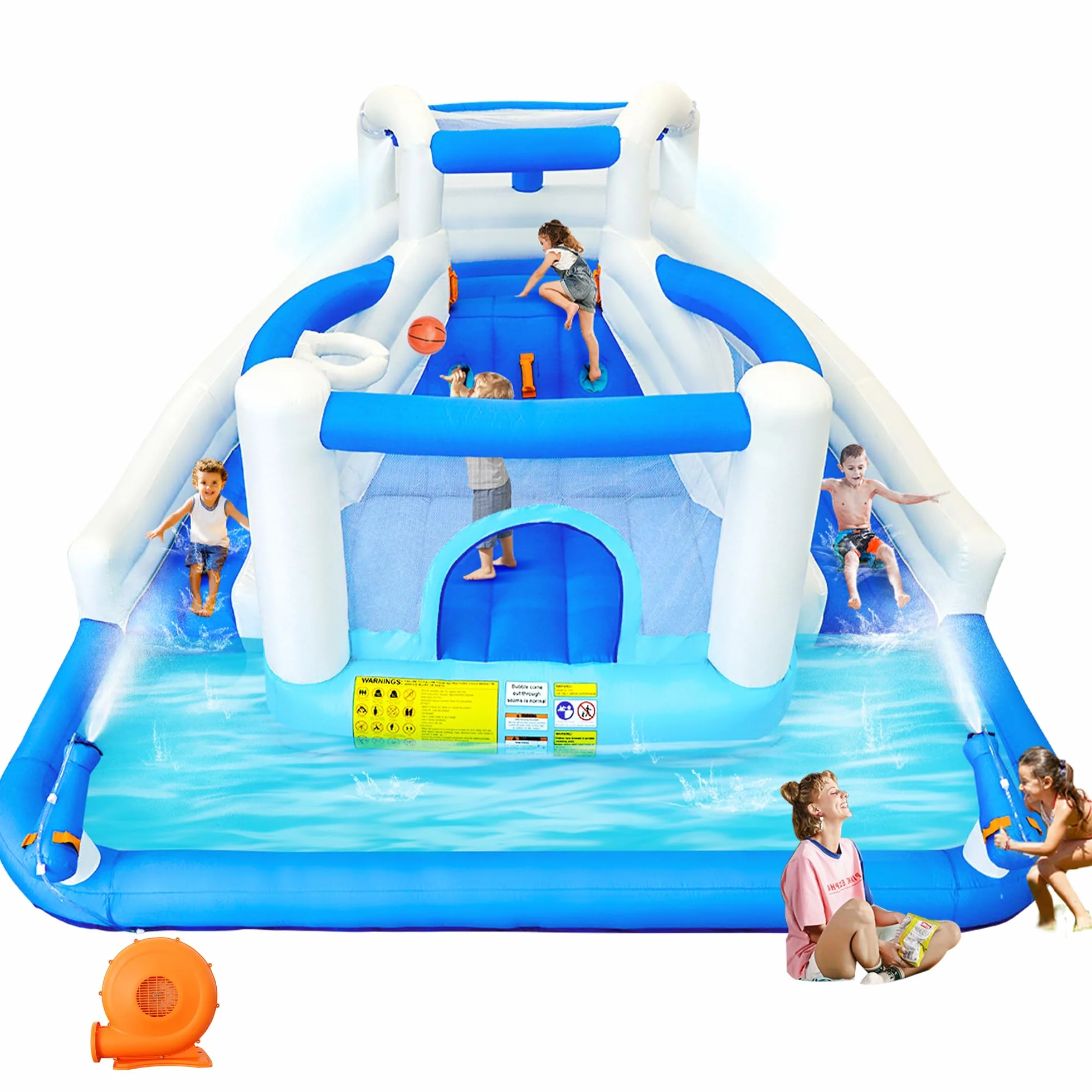 Aufblasbarer Wasserspielpark Hüpfburg mit Wasserrutsche Trampolin Basketballkorb und 2 Wasserpistolen Outdoor Hüpfburg für Kinder, geeignet für Garten und Party