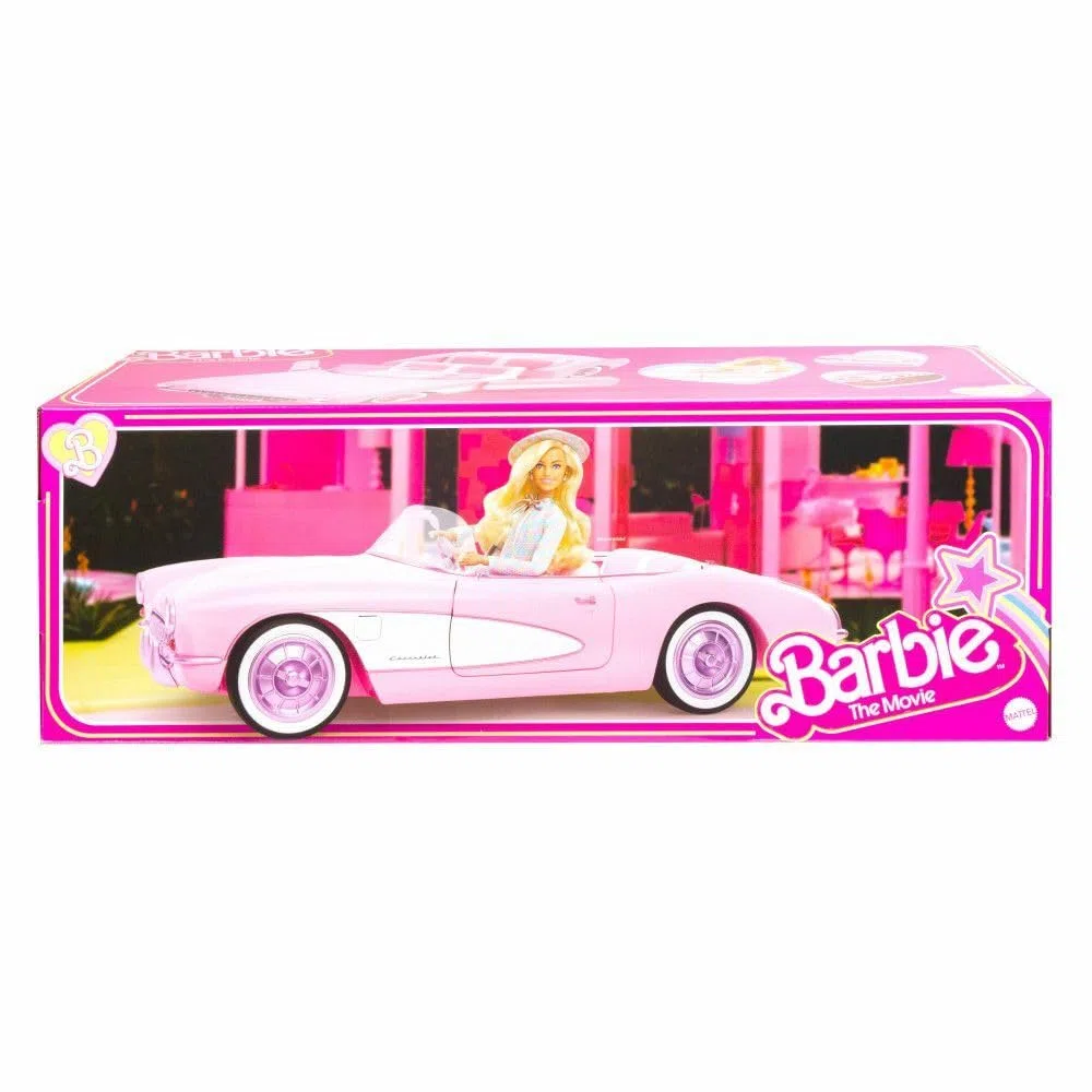 Barbie Corvette - Kaugummipinkes Cabrio, Platz für 4 Puppen, öffnende Türen, drehbares Lenkrad, Retro-Lackierung, Luxus-Interieur, für Sammler, HPK02