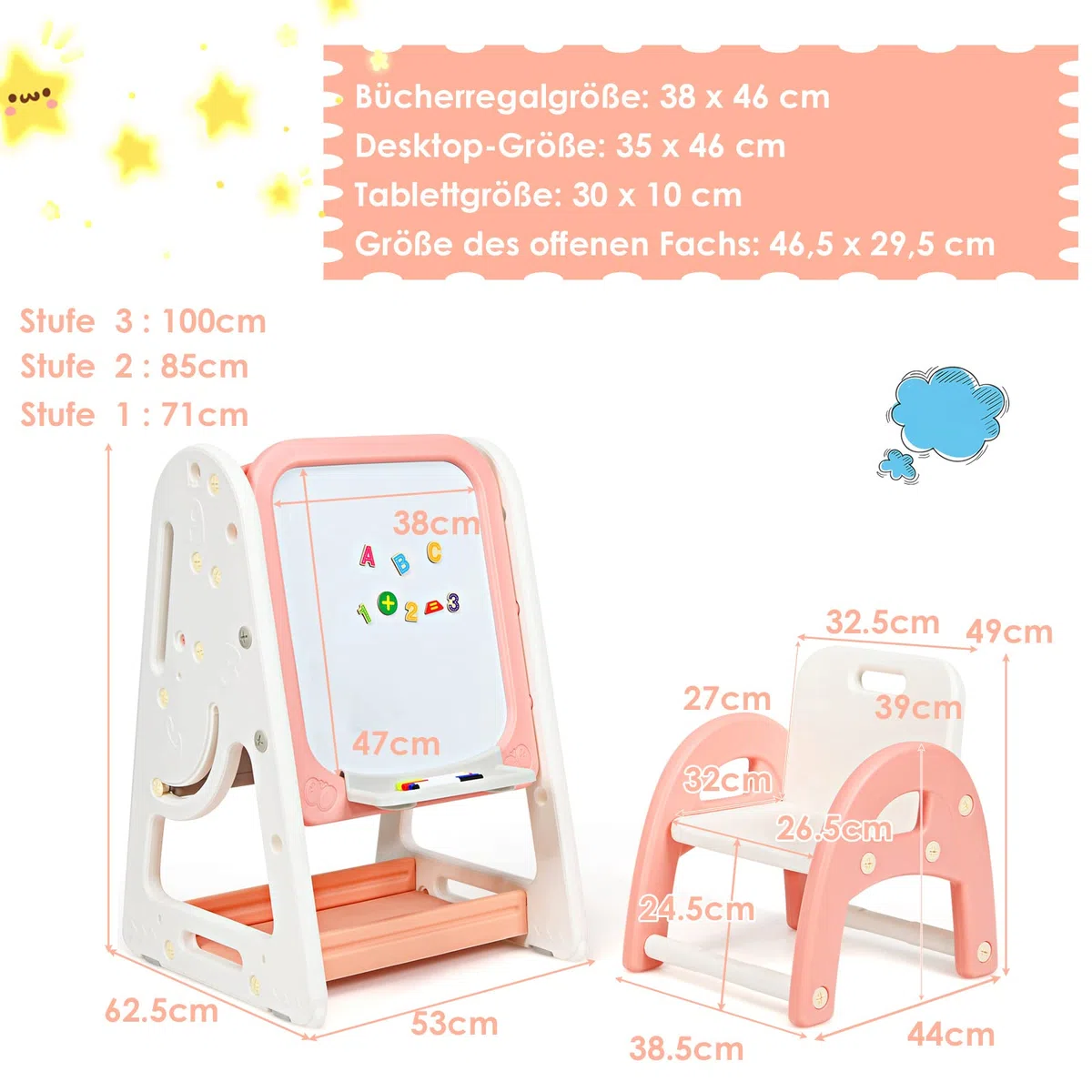 COSTWAY 2 in 1 Kinder Staffelei & Kindersitzgruppe mit Bücherregal, Kindertisch & -stuhl mit Aufbewahrungsablage und klappbarer Tischplatte, Standtafel mit Malzubehör (Orange)