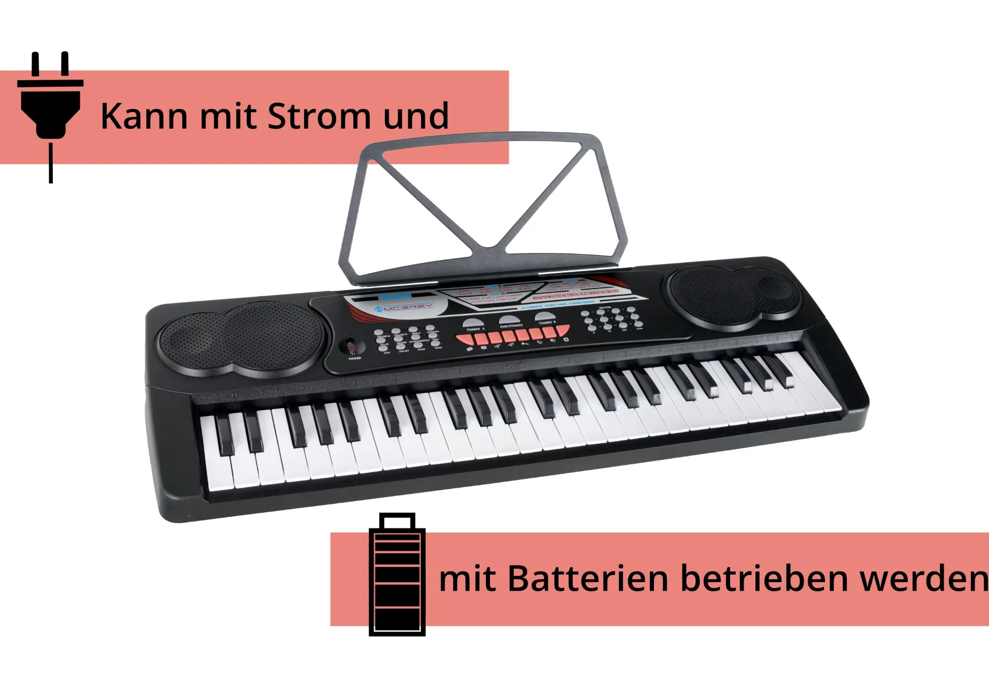 McGrey BK-4910BK Keyboard Set - Kinder Keyboard mit 49 Tasten - Einsteigerkeyboard mit 16 Sounds und 10 Rhythmen - Piano mit Mikrofon für Gesang und Notenständer - Inkl. Kopfhörer - Schwarz