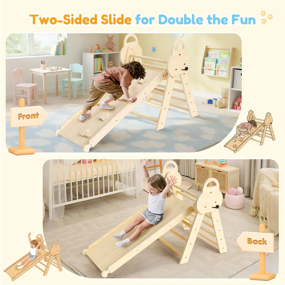7-in-1 Montessori Kletterdreieck aus Holz – Indoor Klettergerüst mit Rutsche für Kinder ab 1 Jahr | Spielplatz Kletterset Baby Spielzeug