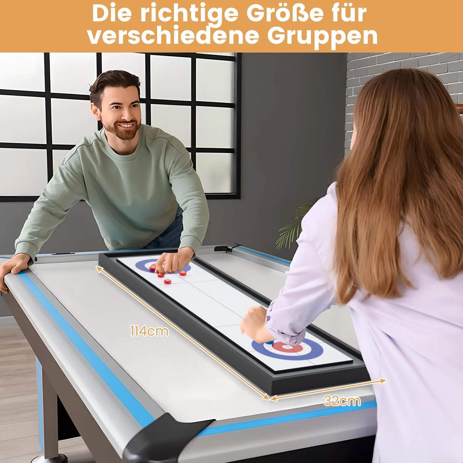 COSTWAY 2 in 1 Shuffleboard & Curling, 114 x 32 cm Brettspiele mit 8 Pucks, tragbares Tisch-Shuffleboard, Table Top Game aus Holz, Tischkegelspiel für Kinder, Erwachsene