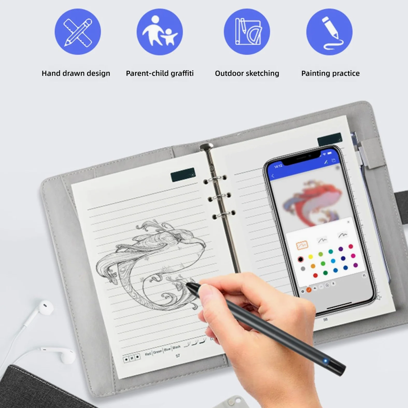 VBESTLIFE Smart Pen Digital Notebook -Set, 3 in 1 OCR Texterkennung Echtzeit Sync Bluetooth 5.0 Digitales Schreibpad für Smartphone -Tablet (Leinenmuster blau)
