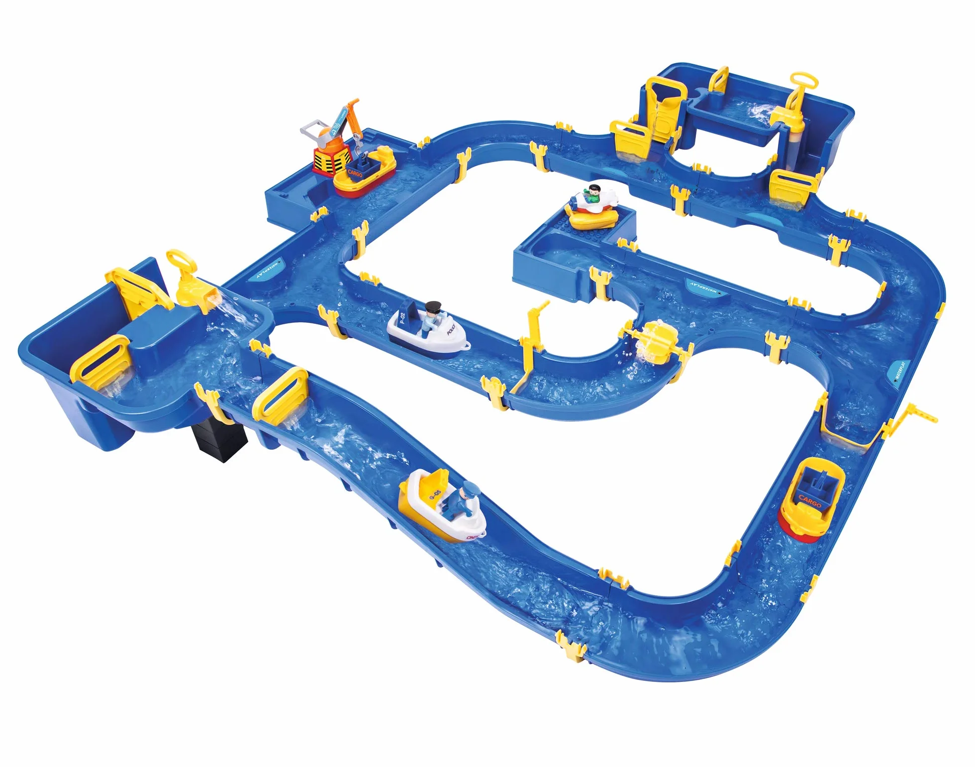 BIG - Waterplay Amsterdam - Wasserbahn blau, 175 x 143 x 27cm große Bahn, mit 4 Booten, Wasserflugzeug und 3 Spielfiguren, 2 Schleusen, Wasserpumpe und Hafenbecken, ab 3 Jahren